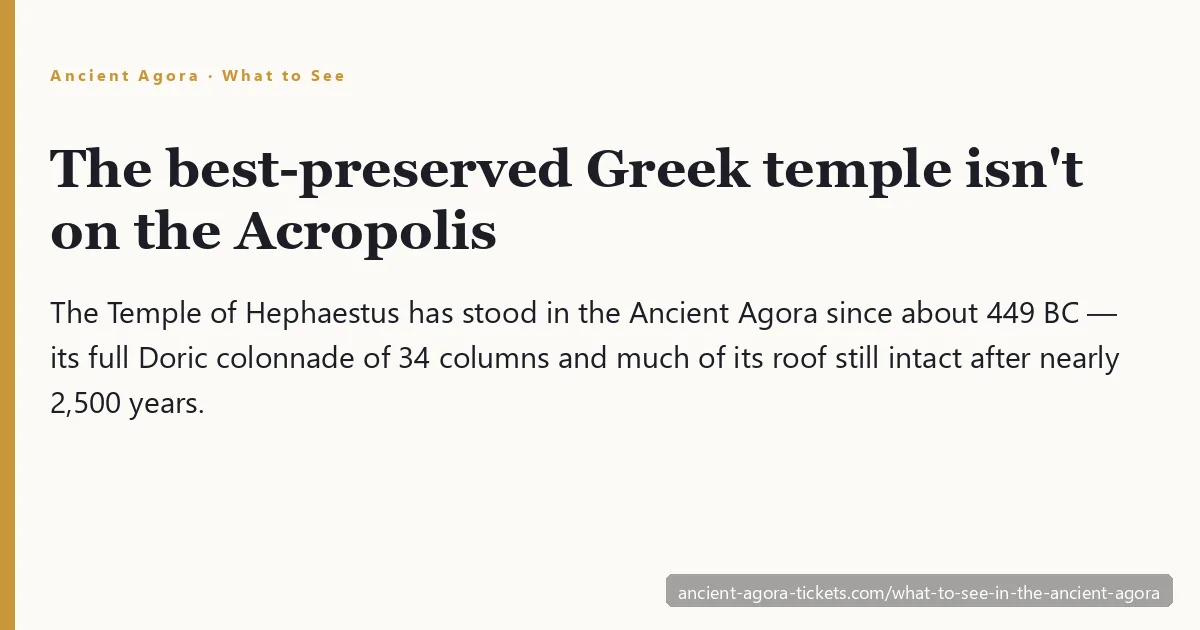 What to see in the Ancient Agora of Athens — the Temple of Hephaestus, the best-preserved ancient Greek temple, with its full Doric colonnade still standing